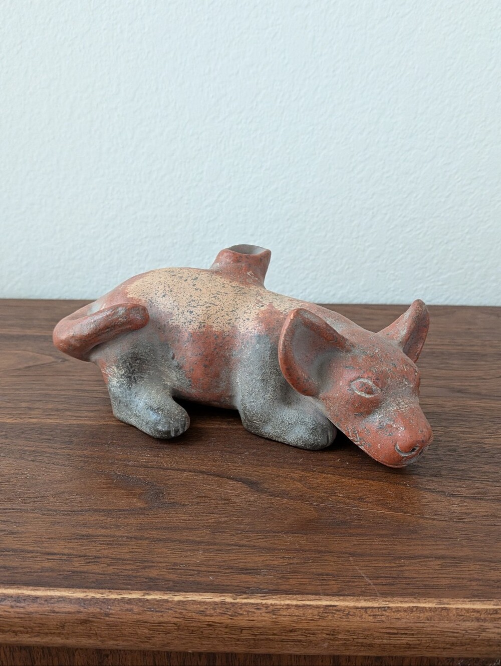 Colima Dog Pottery Effigy Vessel Hollow Red Clay Lying Dog Signed Mexico